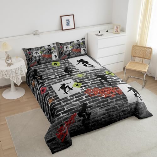Skater Boy Comforter for Boys Kids Girls Graffiti Hip Hop Comforter Set Full Size Home Decor Soft Gray Watercolor Wall Bedding Set Street Art Teens Bedroom Down Duvet,1 Comforter with 2 Pillowcase