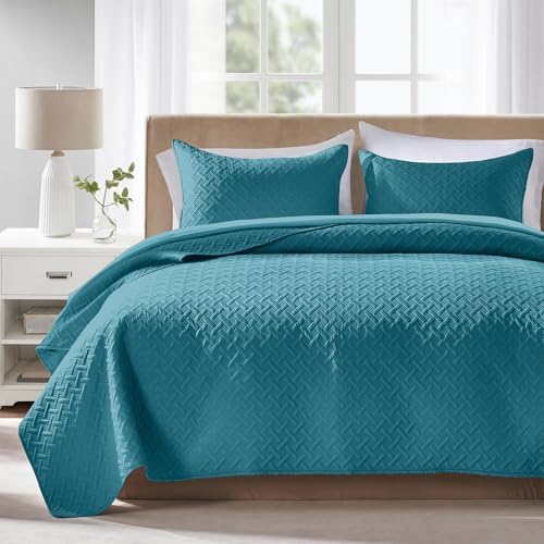 FLYMME Quilts Queen Size,Lightweight Teal Bedspreads,Basket Weave Pattern,Ultra Soft Microfiber Bed Coverlet 3 Pieces for All-Seasons (1 Quilt,2 Shams)
