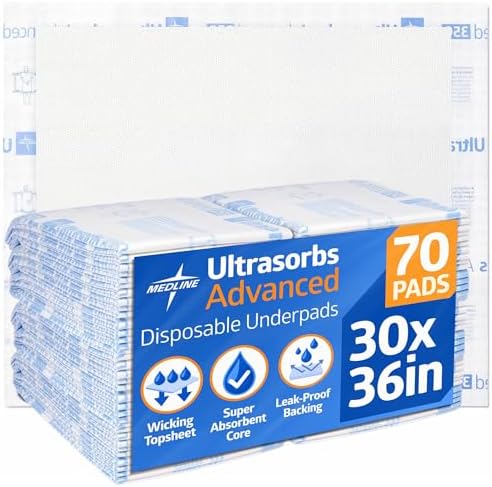 Medline Ultrasorbs Advanced Extra Strength Drypads, 30" x 36", 70 Count, Super Absorbent Disposable Pads, Incontinence Bed Pads, Chucks Bed Pads, Elderly, 350 lb Repositioning Capacity