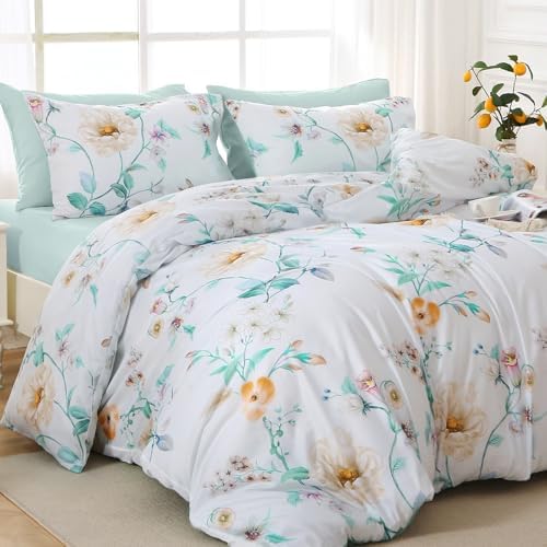 MUXHOMO Green Branch Full Comforter Set, Elegant Floral Print Bed in a Bag 7 Pieces, Ultra Soft & Breathable Reversible Botanical Pattern Bedding Set with Comforter, Sheets, Pillowcases, and Shams
