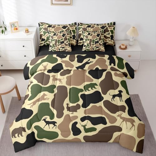 Erosebridal Turkey Wolf 7 Piece Bedding Set Full Camouflage Comforter Set with Sheets Yellow Camo Farmhouse Army Bed in a Bag Bear Hound Deer Animal Theme for Kids Boys Girls