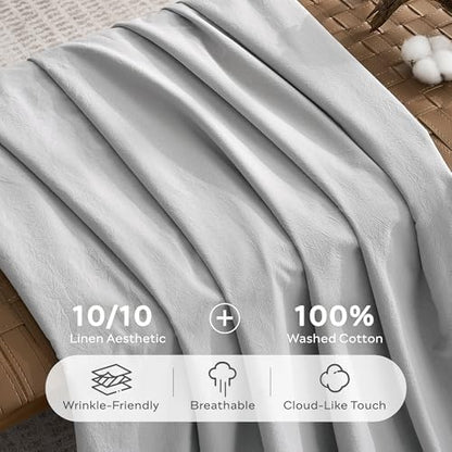 JELLYMONI 100% Washed Cotton Pale Grey Duvet Cover King, Linen-Like