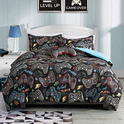 Gray Blue Color Gaming Full Size 5 Piece Comforter Set for Gamer Video Games player Bedding for Teen, Bedding for all seasons, Plush Controller Pillow, fitted sheet and pillow sham Included (Full)