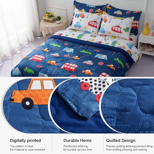 Wajade Cartoon Cars Comforter Set Bed in A Bag Full Size Colorful Cars Bus Van Traffic Lights Bedding Set for Boys Kids (1 Comforter, 1 Flat Sheet, 1 Fitted Sheet, 2 Pillowcase and 2 Pillow Sham)