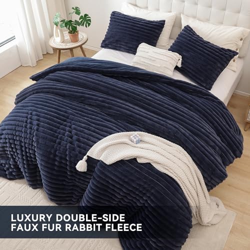Smoofy Fluffy Queen Size Comforter 3 PCS - Navy Blue Fleece Bedding Set