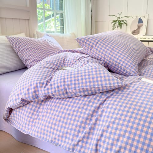 LifeTB Purple Gingham Comforter Set King Modern Plaid Checkered Pattern Comforter Soft Gingham Bedding Set Lightweight Purple Pink Grid Plaid Bedding Comforter Fluffy Checkered Comforter Set