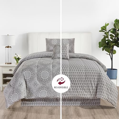 LUX Décor Reversible 4pc Twin Comforter Set, Printed Bedding Set, All-in-One Bed in a Bag, Includes 1 Comforter, 1 Pillow Sham, 1 Decor Pillow & 1 Bed Skirt (Aztec Grey,Twin)