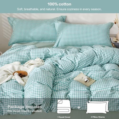 SAPHREAS Gingham Duvet Cover Set King Size, 100% Washed Cotton Linen Like Plaid Comforter Cover with Zipper Closure & Corner Ties (No Comforter), 104x90 Teal