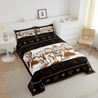 Manfei Western Cowboy Comforter Set King Size, Cowboy Horse Western Bedding Set 3pcs, Wild West Cactus Farmhouse Brown Down Comforter for All Season, Kids Boys Teens Room Decor, 2 Pillowcases