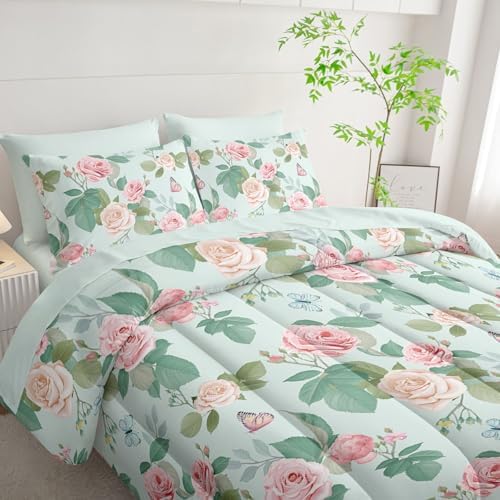 7Pcs Comforter Set Butterfly Flowers Green Leaves Printed Bedding Set with 1 Comforter,1 Flat Sheet,1 Fitted Sheet and 4 Pillowcases for Boys and Girls Bedroom All Season(Queen)