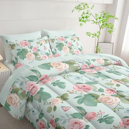 7Pcs Comforter Set Butterfly Flowers Green Leaves Printed Bedding Set with 1 Comforter,1 Flat Sheet,1 Fitted Sheet and 4 Pillowcases for Boys and Girls Bedroom All Season(Queen)