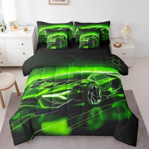 Feelyou Kids Boys Race Car 7 Piece Bedding Set Twin Size Green Sports Car Comforter Set with Sheets for Kids Teens Boys Girls Extreme Sports Theme Bed in a Bag Speed Luxury Car Bed Set