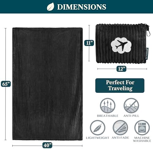 PAVILIA Travel Blanket Pillow, Soft Ribbed Fleece Airplane Blanket, Black