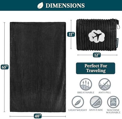 PAVILIA Travel Blanket Pillow, Soft Ribbed Fleece Airplane Blanket, Black
