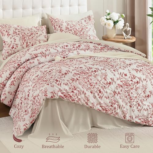 8 Pieces Floral Comforter Set King Size Red Bed in a Bag Bedding Set