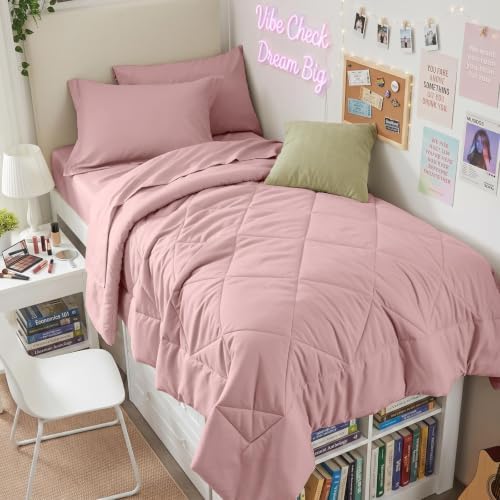HEVUMYI 5-Piece Twin XL Comforter Set, Dusty Pink Bed in a Bag