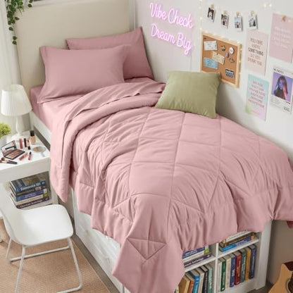 HEVUMYI 5-Piece Twin Comforter Set, Dusty Pink Bed in a Bag