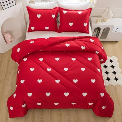 Caressma Love Comforter Set Full Size - Cute White Heart Print Red Bedding Comforter 3 Pieces Matching Pillowshams
