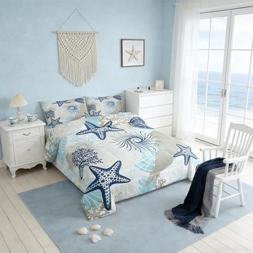 Homewish Ocean Comforter Set King Size,Starfish Shell Coral Sealife Bedding Set 3pcs for Kids Boys Girls Room Decor,Boho Hawaii Style Quilt Set Vintage Navy Blue Duvet Insert with 2 Pillowcases