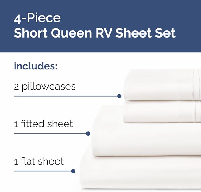 Short Queen Size 4 Piece Sheet Set - RV Short Queen, Soft, Breathable and Cooling Bed Sheets Set with Deep Pockets - Hotel Luxury Bedding for Women, Men, Kids, Teens, Boys and Girls - Antique White