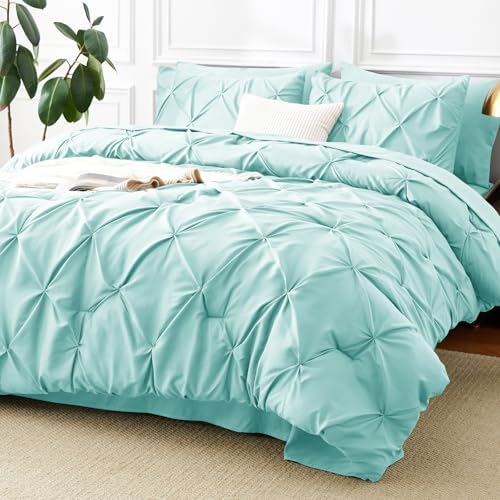 CozyLux King Size Comforter Set Spa Blue, 7 Pieces Pintuck Bed in a Bag