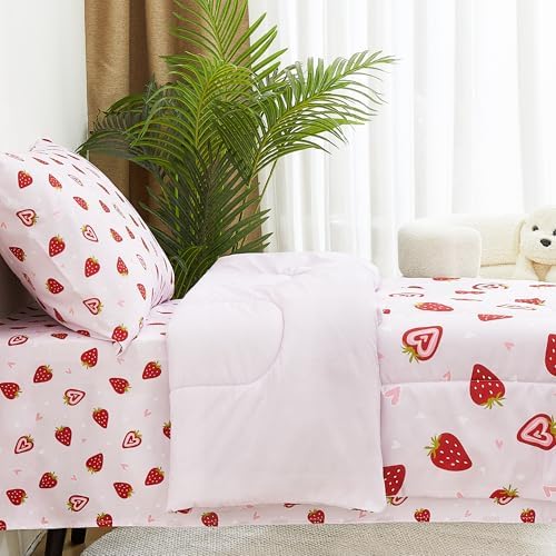 lasoftan Toddler Bedding Set, 4 Piece Bed-in-a-Bag Toddler Bed Comforter Sets for Girls, Toddler Bed Set, Prink Strawberry Printed, Machine Washable