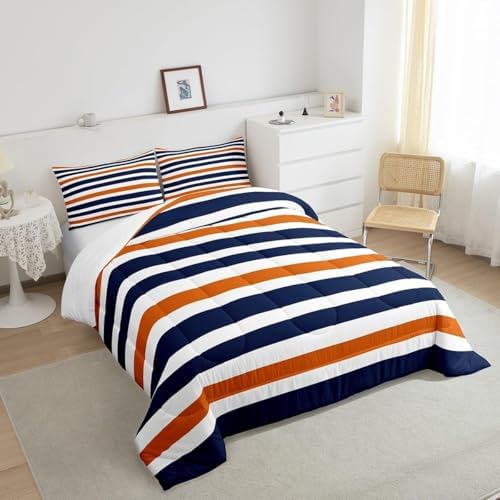 Homewish Stripe Art Comforter Set King Size Blue and Orange Room Decor for Woman Men Modern Simple Comforter Aldults Bedroom Stripes Bedding Set 1 Comforter with 2 Pillow Cases,Lightweight Warm Soft
