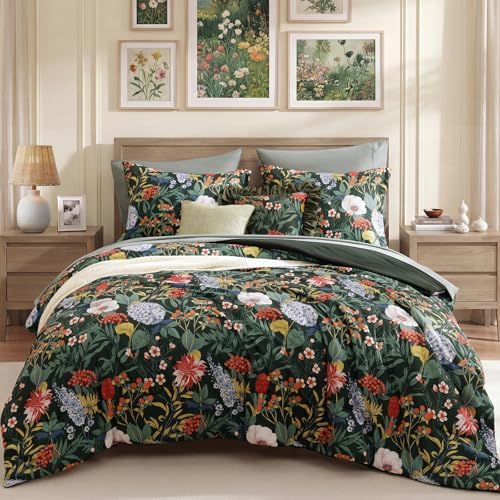 Queen Comforter Set - 7 Pieces Green Floral Bed in a Bag Queen Bedding Sets