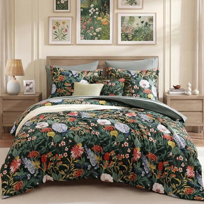 Queen Comforter Set - 7 Pieces Green Floral Bed in a Bag Queen Bedding Sets