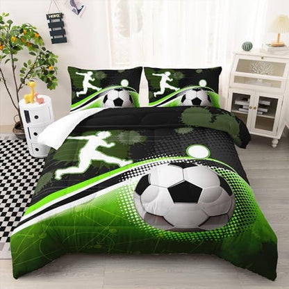 AILONEN 3D Soccer Ball Comforter Set Twin Size, Sport Football Player Bedding Set for Kids Boys,Green Geometry Theme Duvet Set,3-Piece,1 Quilt + 2 Pillowcases,Soft Microfibre