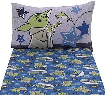 NoJo Star Wars The Child Cutest in The Galaxy Blue, Green, and Gray Grogu and Hover Pod 2 Piece Toddler Sheet Set - Fitted Bottom Sheet and Reversible Pillowcase