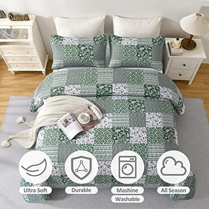 Mybedsoul Boho Quilt King Size, Patchwork Floral Bedding Set, Green