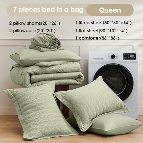 FreshCulture Comforter Set Seersucker 7 Pieces, All Season Bedding Set Queen, Bed in a Bag Comforter Set with 1 Comforter, 1 Flat Sheet, 1 Fitted Sheet, 2 Pillowcases and 2 Pillow Shams, Sage