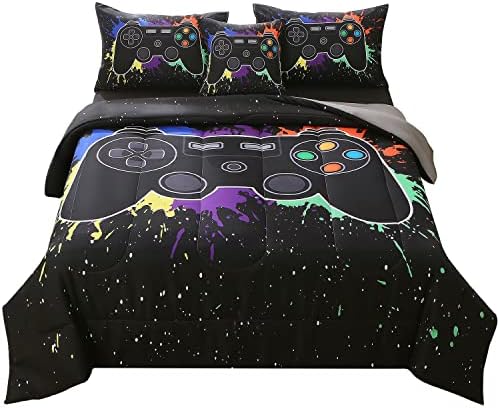 JQinHome Twin Gamer Comforter Sets for Boys&Girls ,6 Piece Bed in A Bag 3D Video Game Bedding -All Season Microfiber Gamer Bedding Sets for Kids, with Pillowcase, Flat & Fitted Sheet,Cushion Cover
