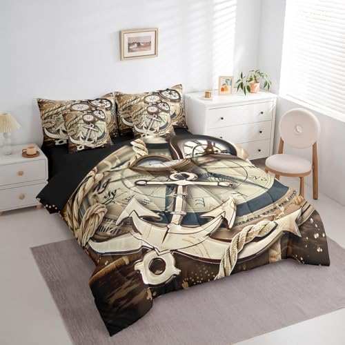 Erosebridal 7Pcs Nautical Compass Comforter Set Queen Size,Vintage Anchor Bedding Set,Retro Navigation Bed in A Bag for Women Men Adults,Coastal Ocean Sheet Set with Comforter