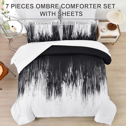 Dinjoy Ombre Black Comforter Set Queen Size Gradient Black White Boho Bedding Set for Teen Men Women 7 Pieces Bed in A Bag Bohemian Bed Set with Comforter, Sheets, Pillowcases & Shams