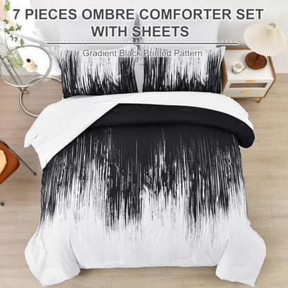 Dinjoy Ombre Black Comforter Set Queen Size Gradient Black White Boho Bedding Set for Teen Men Women 7 Pieces Bed in A Bag Bohemian Bed Set with Comforter, Sheets, Pillowcases & Shams
