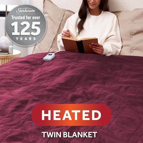 Sunbeam Royal Luxe Microplush Heated Blanket Throw Burgundy Twin 84x62