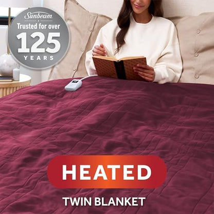 Sunbeam Royal Luxe Microplush Heated Blanket Throw Burgundy Twin 84x62