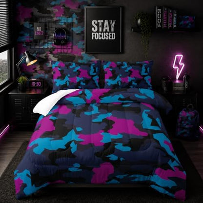 Nttopship Navy Blue Camo Comforter Set for Girls Men，Queen Size Navy Blue Camouflage Bedding Sets for Kids Boys,Ultra Soft Lightweight Kids Room Decor with 1 Comforter with 2 Pillow Case