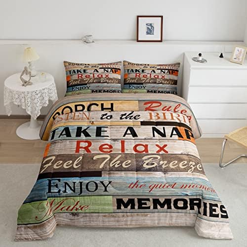 Farmhouse Style Comforter Set Full Size Porch Rules Quotes Bedding Set 3pcs Kids Boys Women Men Cabin Home Decor Rustic Country Wooden Board Quilted Duvet Brown Retro Bedspread,2 Pillowcases