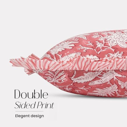 CPC Block Print Pink Coral Ruffle Cotton Lumbar Pillow Cover 12x20 inch