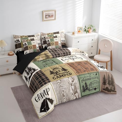 Erosebridal Happy Camping Comforter Set 7 Piece Rustic Cabin Camper Queen Bed in A Bag Rv Car Accessories for Travel Trailers Buffalo Plaid Arrow Pine Trees Bedding Set Travel Adventure Bed Set