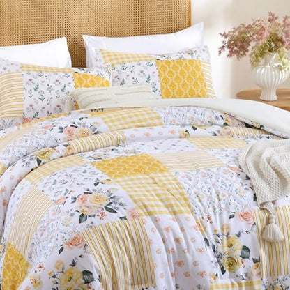 YIKUSH Yellow Floral Queen Comforter Set, Soft Lightweight All Season Bedding Set for Women Girls, Cozy Cottagecore Botanical Comforter Queen Size with 2 Pillow Shams, Breathable Floral Bed Set