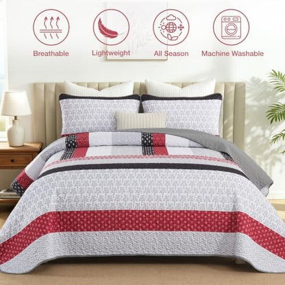 WONGS BEDDING Boho Queen Size Quilt Set, Black Red Striped Bedspread