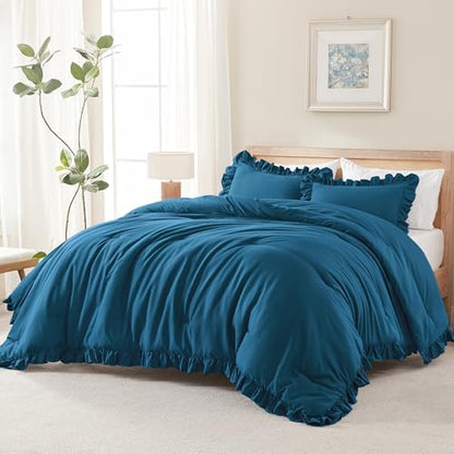 Andency Teal Comforter Set Full Size, 3 Pcs Solid Ruffle Vintage Bedding