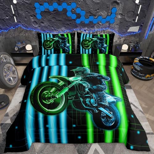 Feelyou Dirt Bike Kids Bedding Set,Boys Girls Toddler Size,Racing Motocross Rider Comforter Set,Extreme Sports Ultra Soft Duvet Quilt,3D Pattern Comforter Colorful Modern Bedroom Decor
