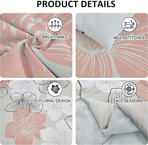 Floral Comforter Set King, 7 Pieces Blush Pink Flower on Grey Bedding Set