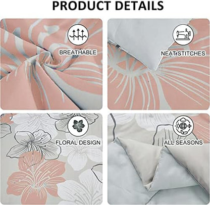 Floral Comforter Set King, 7 Pieces Blush Pink Flower on Grey Bedding Set