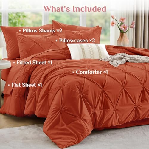JOLLYVOGUE California King Comforter Set 7 Pieces - Bed in a Bag Cal King for All Season, Pintuck Bedding Comforter Sets with Comforter, Flat Sheet, Fitted Sheet and Pillowcases & Shams, Burnt Orange